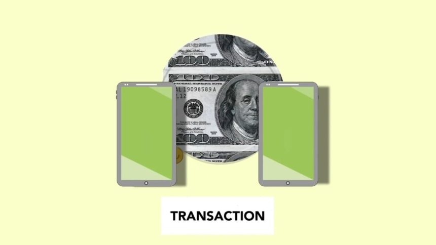 Ilustração isométrica de transferência de dinheiro entre smartphones sobre fundo claro.