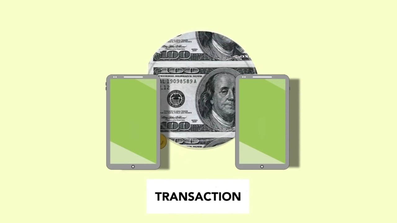 Ilustração isométrica de transferência de dinheiro entre smartphones sobre fundo claro.
